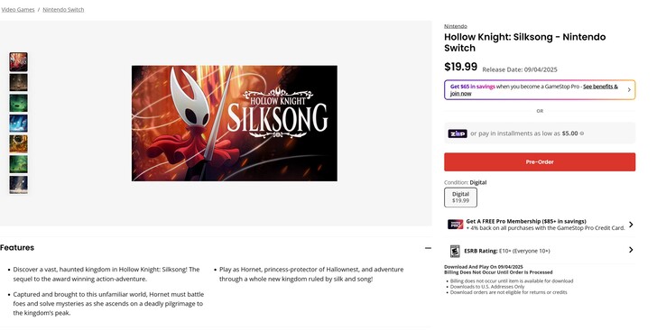 Hollow Knight: Silksong GameStop Switch előrendelési lista (Kép forrása: screenshot, GameStop)