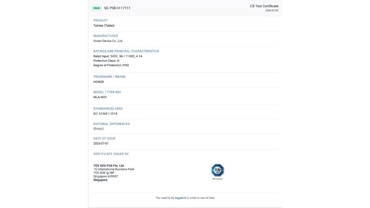 A TÜV SÜD termékadatlapja az Honor Pad 20 Pro-ról.