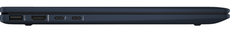 Balra: USB 3.1 Gen 2 Type-A, HDMI 2.1-out, Thunderbolt 4 (DisplayPort 2.1-out és tápellátás), USB 3.1 Gen 2 Type-C (DisplayPort 2.1-out és tápellátás)
