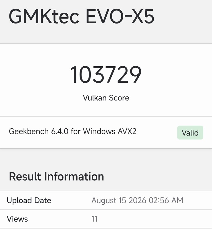 A GMKtec EVO-X5 Geekbench-adatlapja