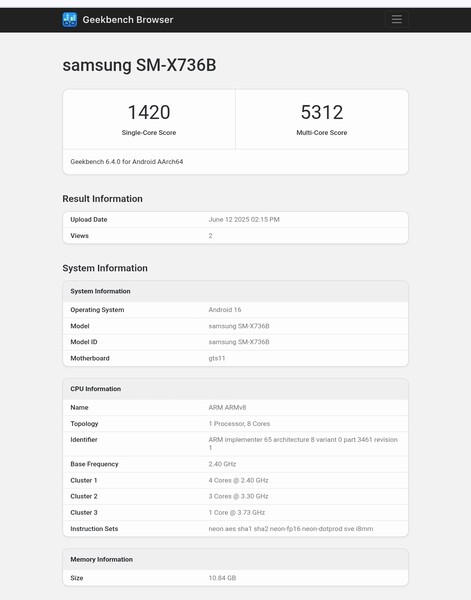 Galaxy Tab S11 Geekbench listázás (kép forrása: Abhishek Yadav az X-en)