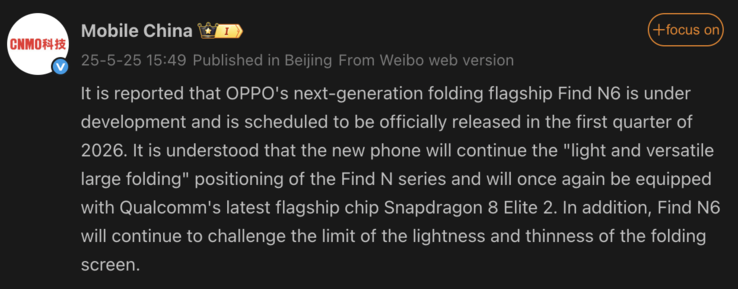 Oppo Find N6 kiszivárgott információk. (Kép forrása: Weibo - gépi fordítás)