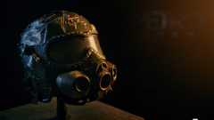 Közeli kép a Metro 2039 Collector's Edition Spartan sisakreplikájáról, amely sötét látórostéllyal, integrált gázálarcelemekkel és harci kopásnyomokkal rendelkezik.