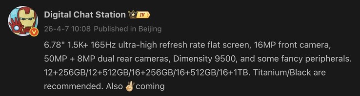 A potenciális OnePlus Ace 6 Ultra kiszivárgott adatai.