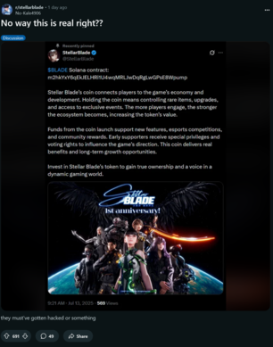 Feltört Stellar Blade X fiók kripto átverés poszt (Kép forrása: screenshot, Stellar Blade subreddit)