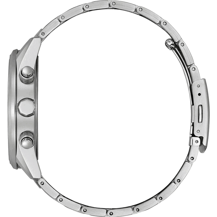 A Citizen World Chronograph A.T. AT8260-85X oldalnézete, amelyen látható a rozsdamentes acél tok, a korona, a két kronográf gomb és a karkötő.