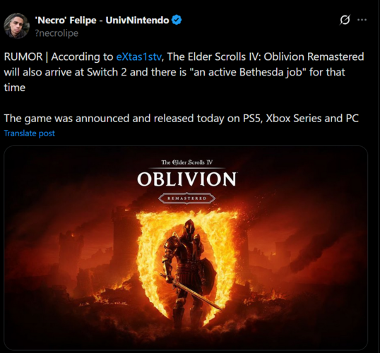 The Elder Scrolls IV: Oblivion Remastered Switch 2 szivárgás az eXtas1stv-től (Kép forrása: screenshot, 'Necro' Felipe #UnivNintendo X account)