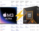 Applem3 Ultra a Cinebench 2024-en megjelenik, mintegy 25%-kal vezet a Ryzen 9 9950X CPU előtt. (Kép forrása: Apple, AMD, szerk.)