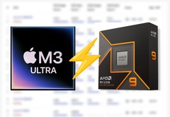 Applem3 Ultra a Cinebench 2024-en megjelenik, mintegy 25%-kal vezet a Ryzen 9 9950X CPU előtt. (Kép forrása: Apple, AMD, szerk.)