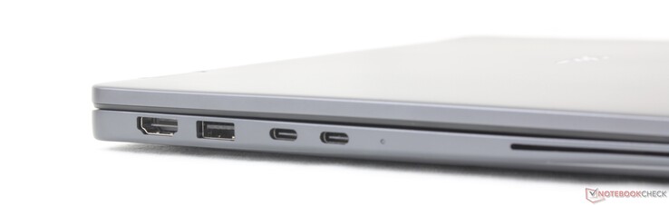 Bal oldalon: HDMI 2.1, USB-A 3.2 Gen. 1 (5 Gbps), 2x USB-C Thunderbolt 4 DisplayPort 2.1-vel + Power Delivery
