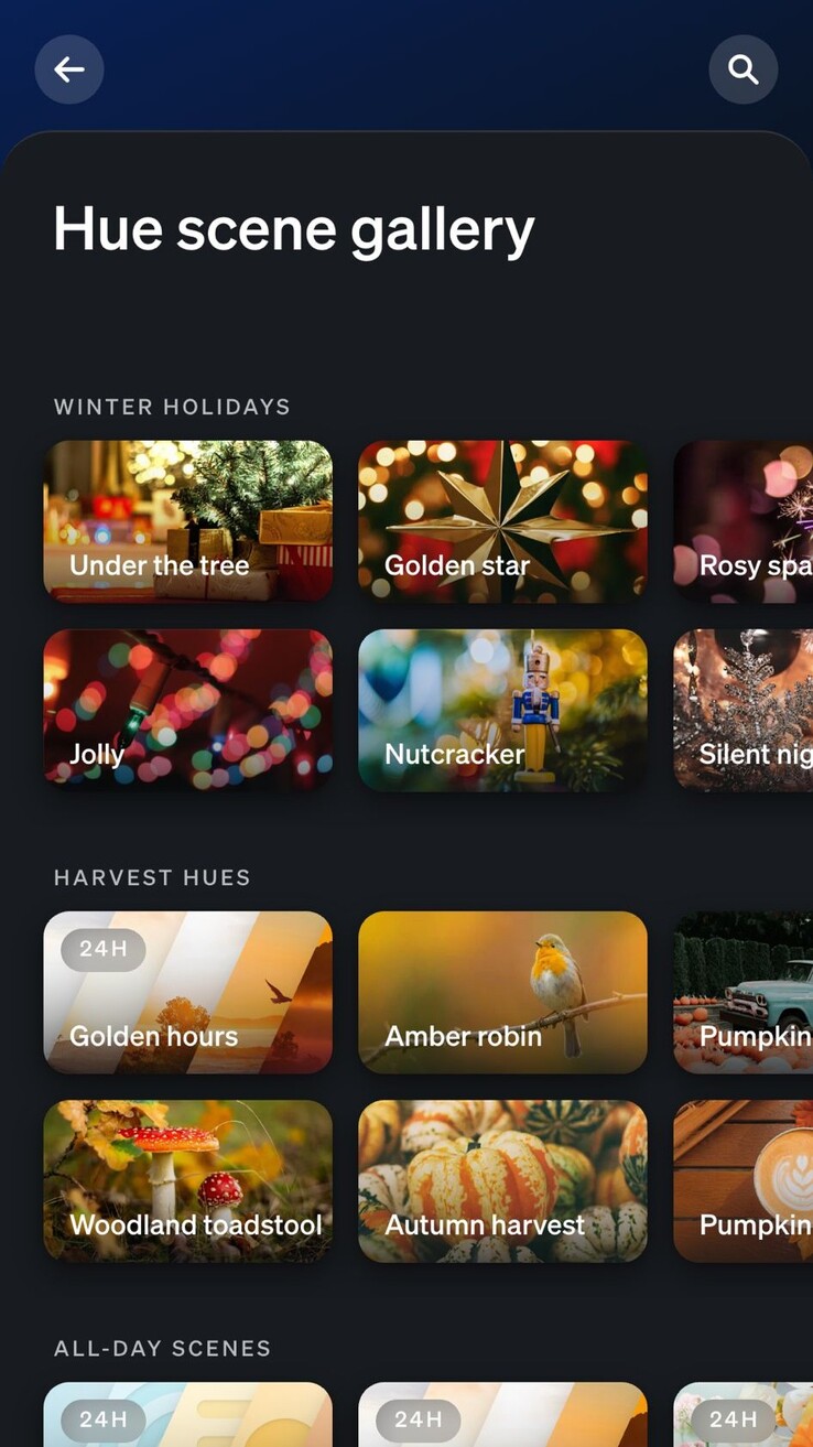 A Philips Hue Winter Holidays jelenetek. (Kép forrása: Philips Hue alkalmazás képernyőkép)