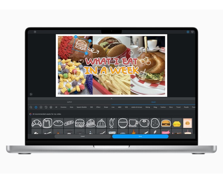 A MacBook mutatja a VLLO alkalmazást az AI által javasolt matricákkal egy ételes vloghoz. (Kép forrása: Apple Newsroom)