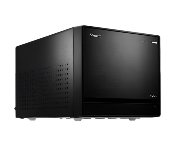 Ez a kép egy újabb előlapi nézetet mutat a Shuttle XPC Cube SFF PC-ről, amely egy fekete, téglalap alakú dobozra hasonlít 