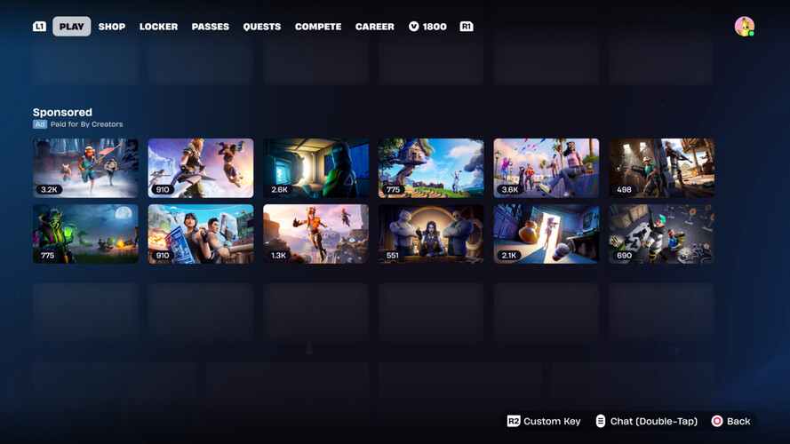 A Fortnite Felfedezés menüjének javasolt szponzorált részének képernyőképét. (Kép forrása: Epic Games)