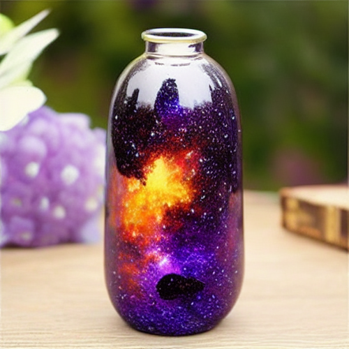 Egy példakép egy mesterséges intelligencia által generált palackról, benne egy galaxissal, amelyet egy egyszerű faasztalon tartanak. (Kép forrása: AI Generated)