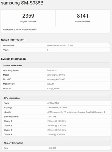 Exynos 2500 Geekbench lista a Galaxy S25+ prototípussal (kép forrása: Geekbench)