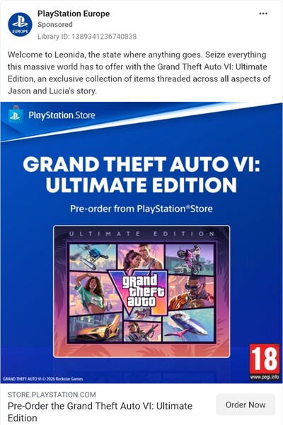 PlayStation Store-hirdetés, amelyen a GTA 6 végleges PS5-ös PEGI-besorolása látható