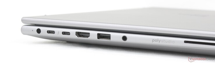 Balra: AC hálózati adapter, 2x USB-C Thunderbolt 4 w/ DisplayPort 2.1 + Power Delivery (40 Gbps), HDMI 2.1, USB-A (5 Gbps), 3,5 mm-es kombinált hang, Smartcard olvasó (opcionális)
