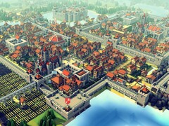 A „Kingdoms and Castles” című játékból származó kép, amelyen egy város és több épület látható. 