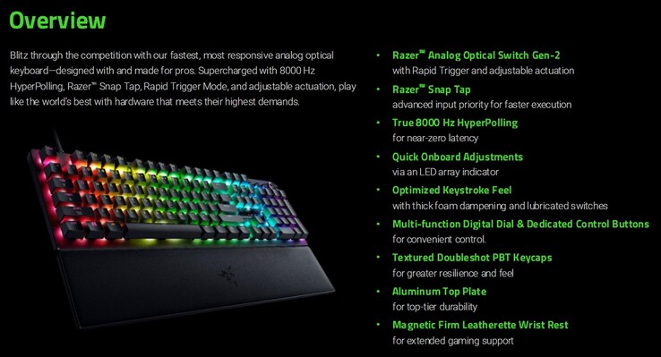 A Razer Huntsman V3 Pro 8KHz-es játékbillentyűzet jellemzői (Kép forrása: Razer PR szerkesztéssel)