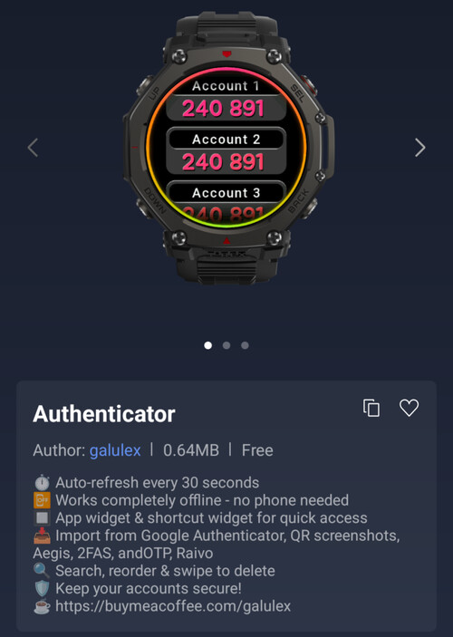 A Authenticator Mini alkalmazás Amazfit okosórákhoz