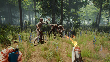 Egy kép, amelyen egy harc látható a The Forest című játékban.