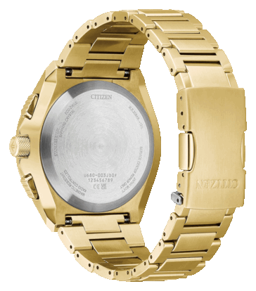 A Citizen Promaster Skyhawk A-T JY8144-50E hátsó nézete, amelyen látható a rozsdamentes acélból készült hátlap a Promaster és az Eco-Drive márkajelzésekkel.
