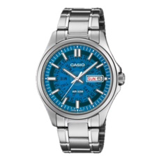 A Casio MTP-E740-2A2V modell élénk kék, áttetsző számlappal rendelkezik.