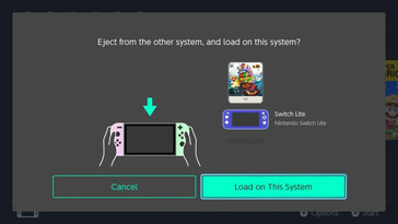 A Nintendo Switch képernyője, amelyen a "Eject from the other system, and load on this system?" kérdésre a Super Mario 3D World + Bowser's Fury virtuális játékkártya jelenik meg egy Switch Lite ikon és egy OLED Switch ikon mellett.