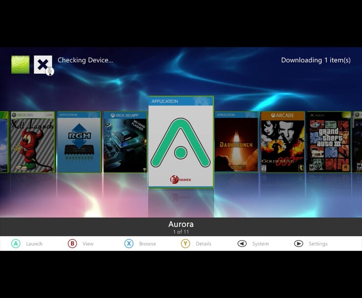 Az Xbox 360 homebrew menüje az Aurora dashboard ikonjával, a háttérben pedig más alkalmazások és játékok, például a XeLL Launch, az RGH, a Dash Launch, a GoldenEye 007 és a Grand Theft Auto III láthatóak. (Kép forrása: MrMario2011 a YouTube-on)