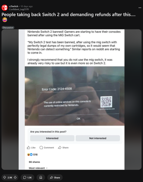 Switch 2 Nintendo Switch Online tiltás a Mig flash kazetta használata miatt (Kép forrása: Switch subreddit)