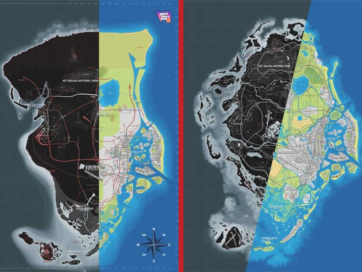 A Grand Theft Auto VI közösségi térképének 15. verziója (balra) és 16. verziója (jobbra) összehasonlítva.