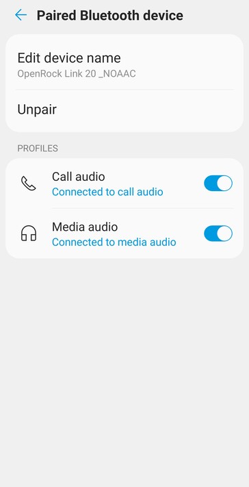 Az OpenRock Link 20 nevéhez a Android Bluetooth-beállításokban a "_NOAAC" hozzáadása arra kényszeríti a fülhallgatót, hogy AAC helyett az SBC audio codec-et használja. (Kép forrása: Notebookcheck)