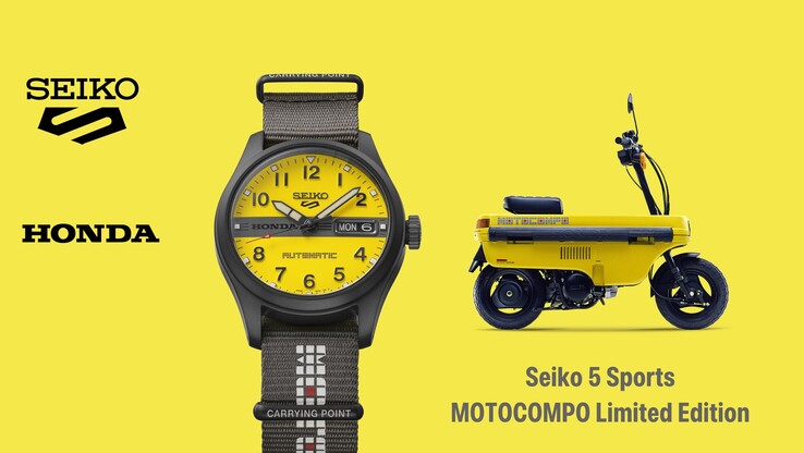 Infografika, amely bemutatja a Seiko 5 Sports Field x Honda Motocompo modellt a Motocompo robogó mellett.