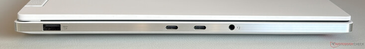 Bal oldal: USB-A 3.2 Gen.1 (5 Gbps, tápellátás), USB-C 4.0 (40 Gbps, DisplayPort 2.1, tápellátás 3.1 140W), USB-C 4.0 (40 Gbps, DisplayPort 2.1, tápellátás 3.0 100W), 3,5 mm-es sztereó csatlakozó