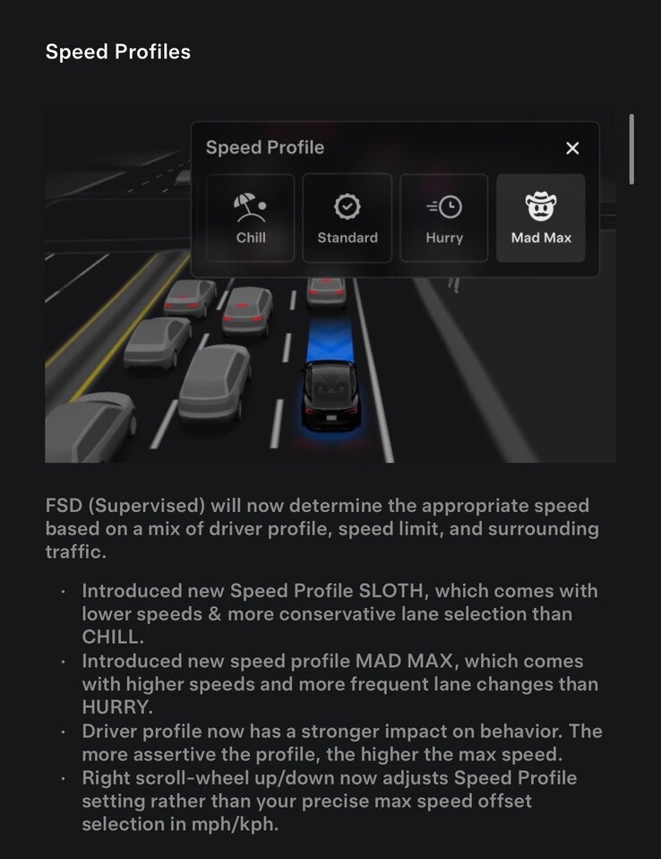 A legújabb FSD 14.1.2 frissítés changelogja Mad Max vezetési profillal. (Kép forrása: Tesla)
