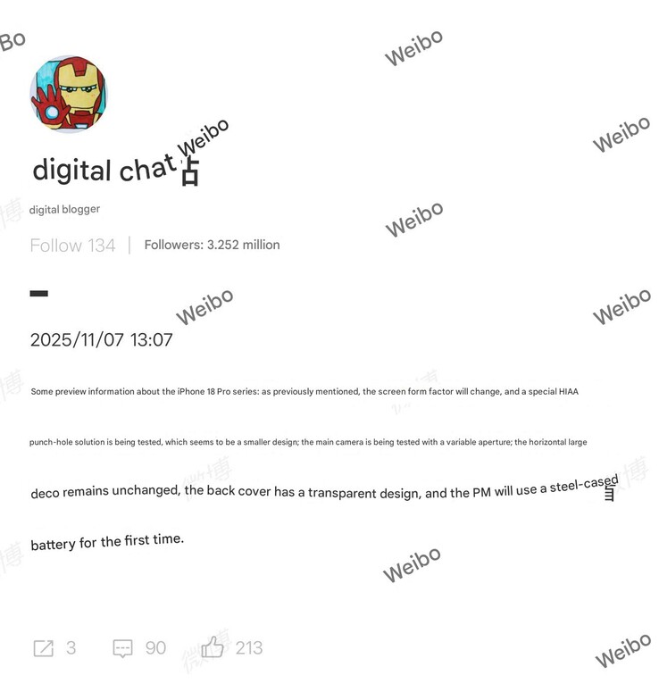 IPhone 18 Pro hardverpletyka. (Kép forrása: Digital Chat Station)