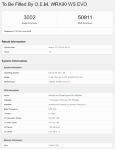 Threadripper Pro 9995WX Geekbench 7 pontszám