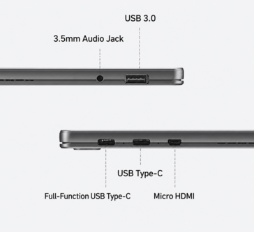Az Acer A543 táblagép csatlakozói: USB-C, USB-A és Micro HDMI