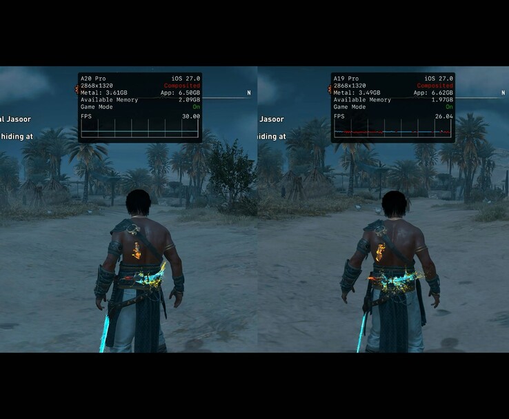 Az Assassin’s Creed Mirage futtatása iPhone 18 Pro Maxon és iPhone 17 Pro Maxon, az FPS-különbség bemutatásával.