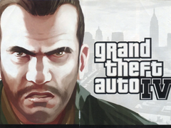Niko Belić közeli képe a GTA IV logójával együtt (kép forrása: Rockstar Games)