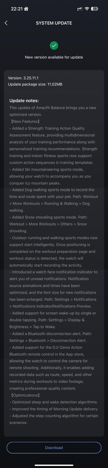 Az Amazfit Balance 3.25.11.1 verziójának teljes kiadási megjegyzései. (Kép forrása: u/Nurkamol via Reddit)