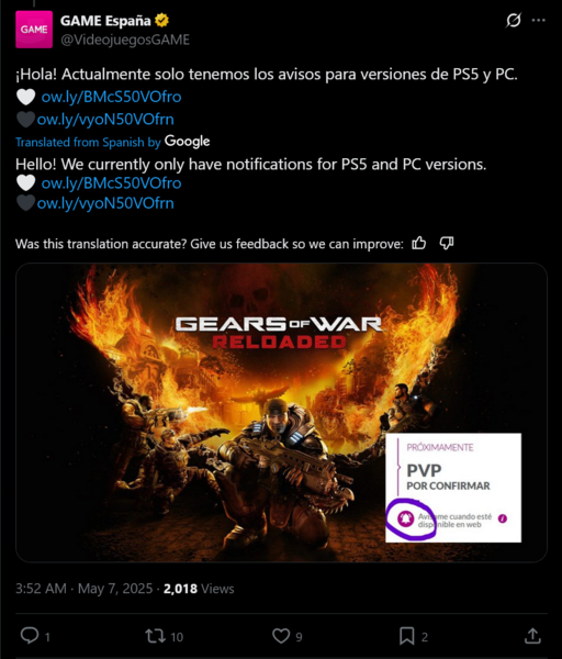 Game Espana Gears of War: Reloaded X post (Kép forrása: screenshot, Game Espana X account)