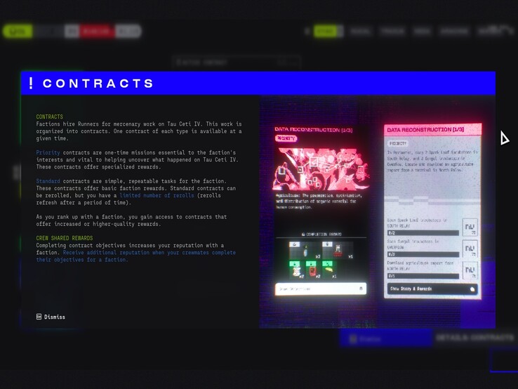 A maratoni szerződések képernyője bemutatja a kiemelt és a standard munkák közötti különbséget, kiemelve a frakció jutalmait, az újradobásokat és a legénységgel megosztott hírnévnyereséget.