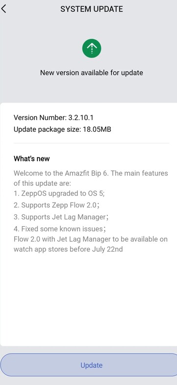 Az Amazfit Bip 6 okosóra 3.2.10.1 verziójának kiadási megjegyzései. (Kép forrása: Amazfit)