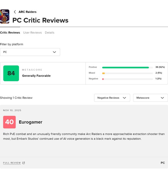 Átlagos Arc Raiders értékelések a Metacritic-en (Kép forrása: screenshot, Metacritic)