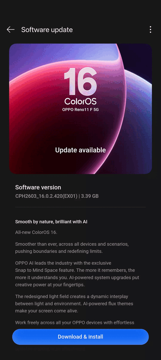 ColorOS 16 OTA a Reno 11 FS-en 
