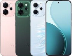 Az Oppo Reno14 F fényes rózsaszín, világító zöld és opálzöld színválasztékban kapható (Kép forrása: Oppo)