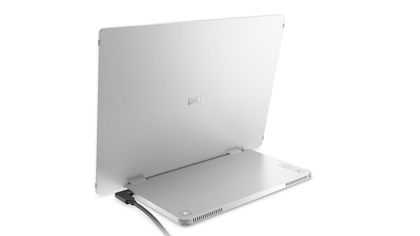 A Dell Pro 14 Plus hordozható monitor gombjai és portjai a tartóban találhatók. (Kép forrása: Dell)