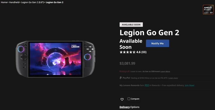 Legion Go 2 termékoldal a Lenovo webhelyén.